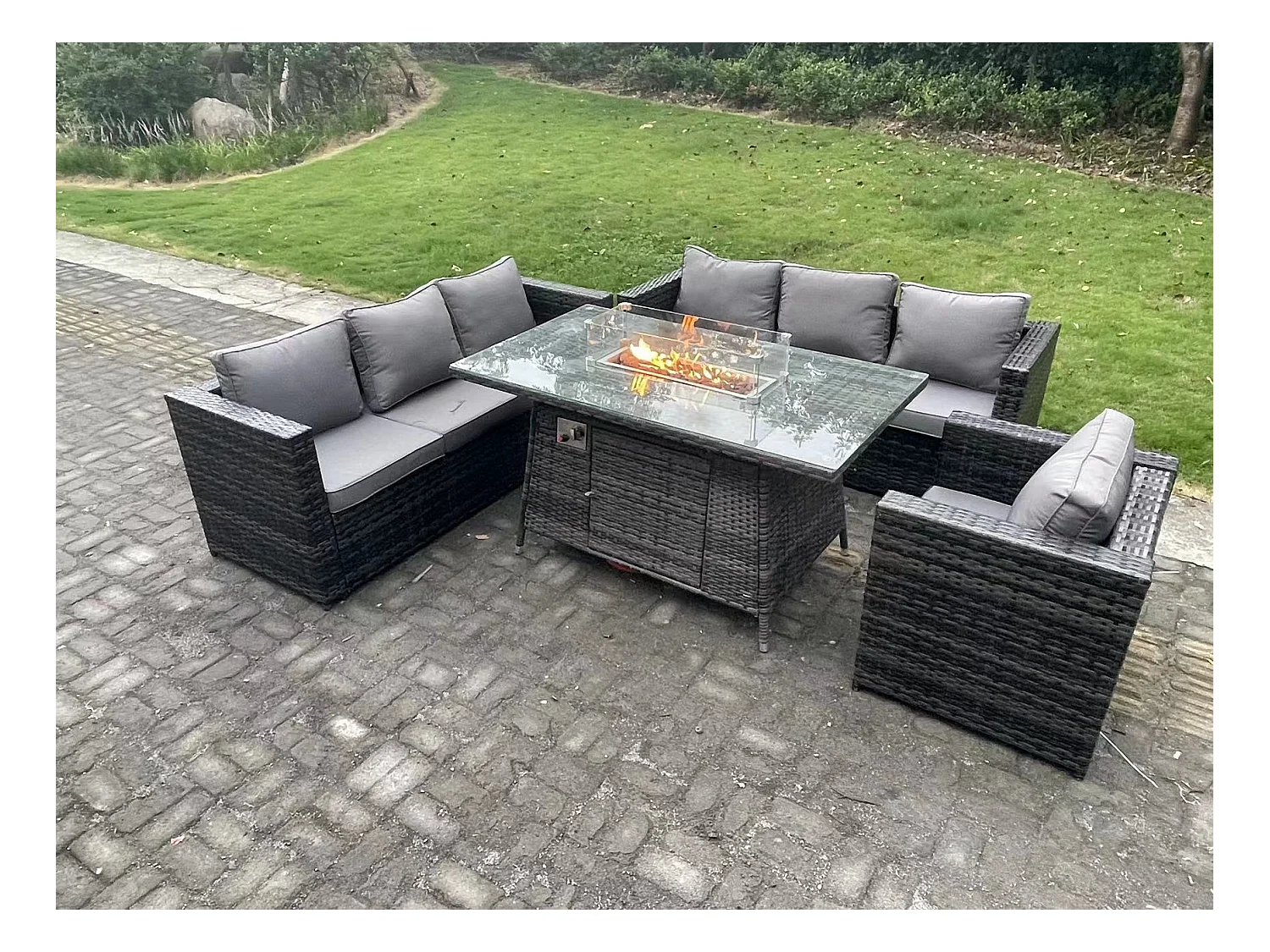 7 Places Meubles de jardin en rotin ave Table de foyer à gaz canapé Chaises Mélange gris foncé