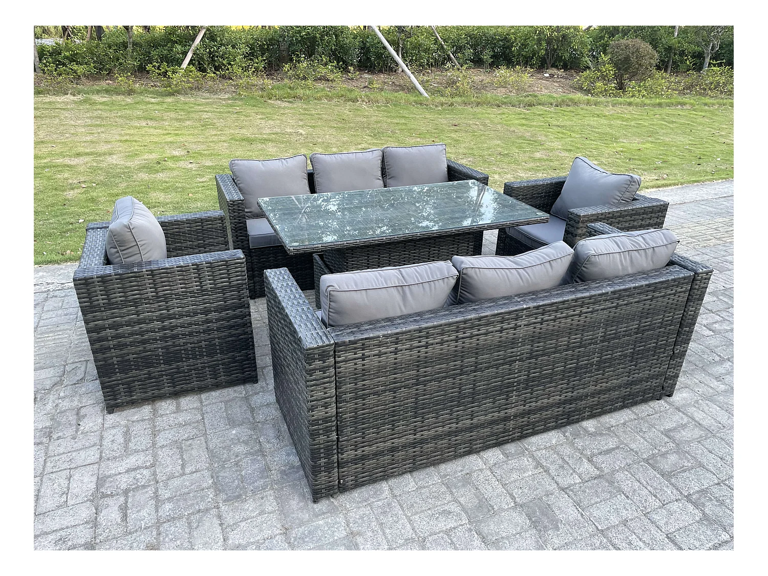 8 places Mobilier À Dîner De Jardin en rotin ave Canapé Chaises Table à manger réglable en hauteur Mélange gris foncé