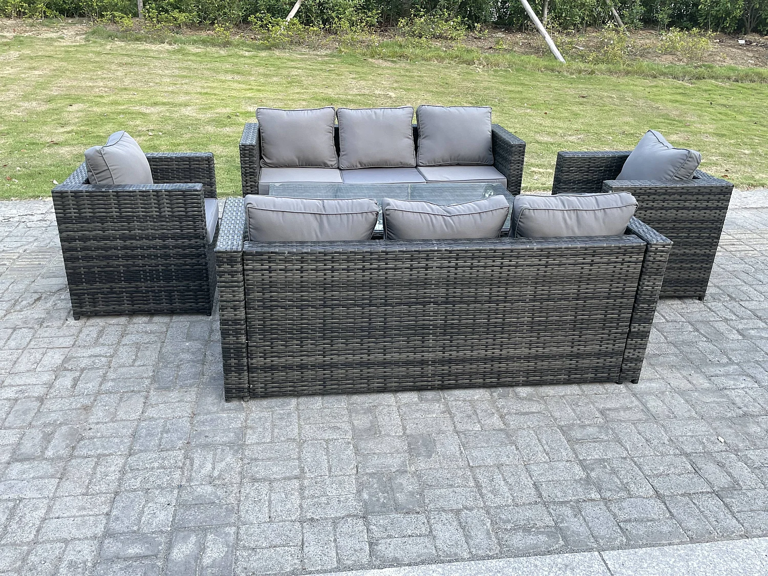 8 places Mobilier À Dîner De Jardin en rotin ave Canapé Chaises Table à manger réglable en hauteur Mélange gris foncé