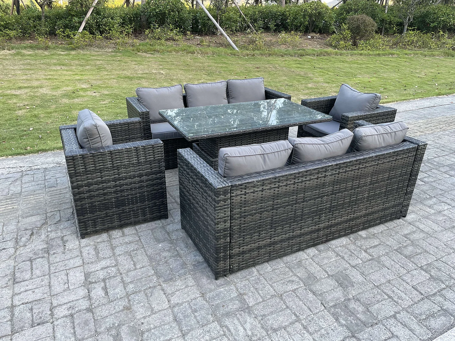 8 places Mobilier À Dîner De Jardin en rotin ave Canapé Chaises Table à manger réglable en hauteur Mélange gris foncé