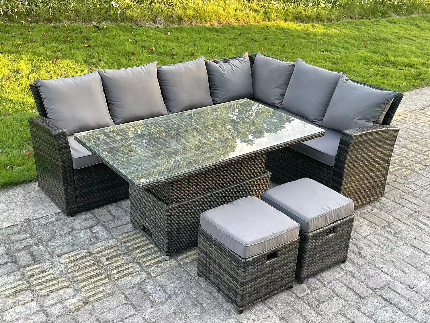 Fimous High Back Rattan Garden Furniture Corner Sofa Sets Adjustable Rising Table Dark Mixed Grey 8 seater right corner