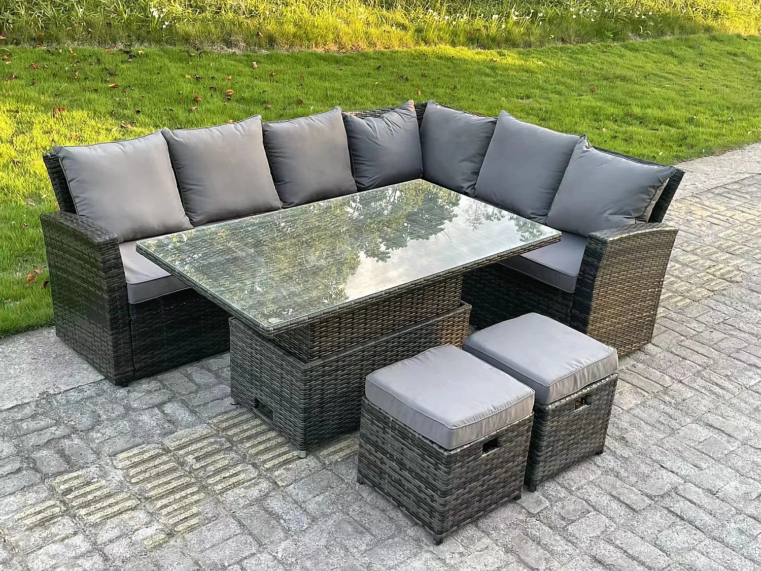Fimous High Back Rattan Garden Furniture Corner Sofa Sets Adjustable Rising Table Dark Mixed Grey 8 seater right corner