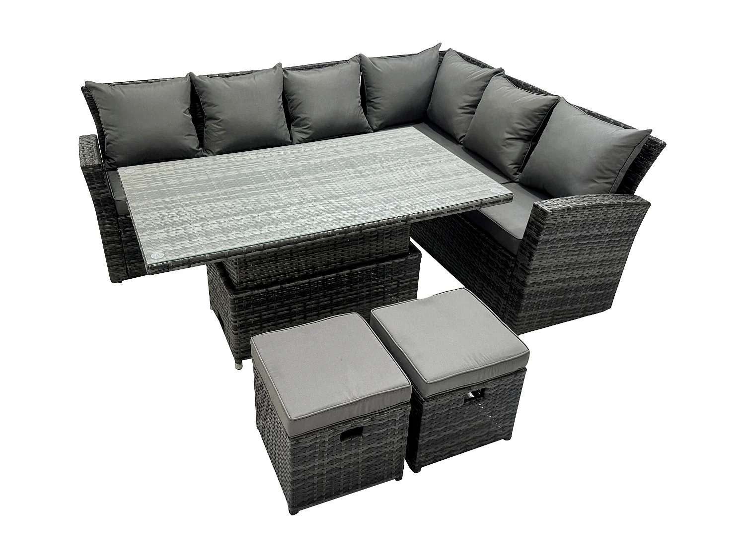 Fimous High Back Rattan Garden Furniture Corner Sofa Sets Adjustable Rising Table Dark Mixed Grey 8 seater right corner
