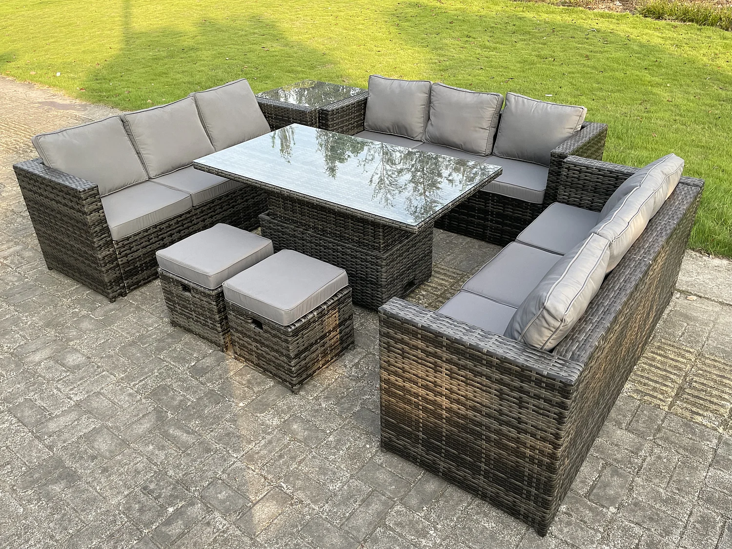 Fimous 11 Seater Outdoor Rattan Sofa Set Lounge Adjustable Rising Lifting Side Tables Chairs Footstool Dark Grey Mixed
