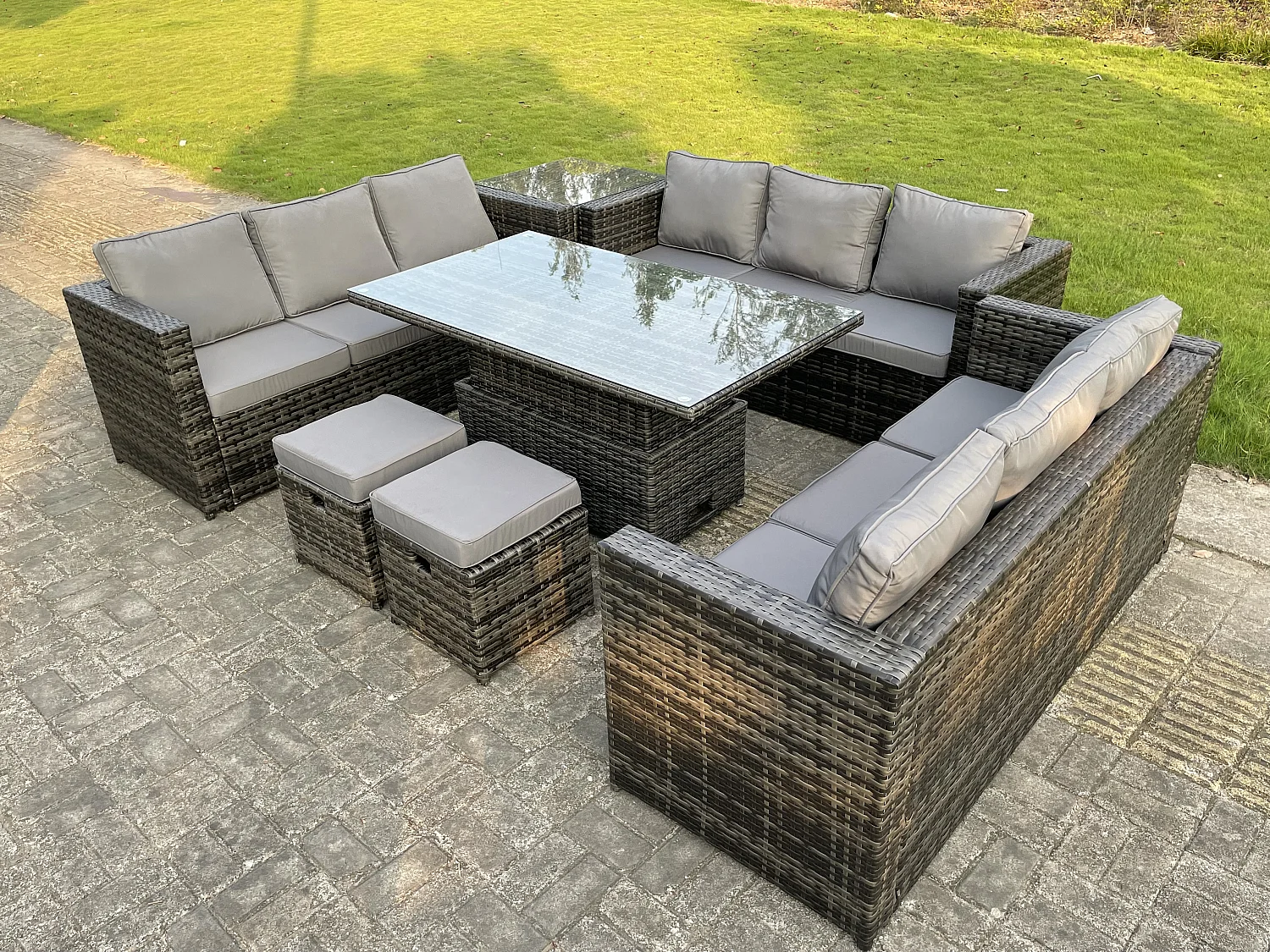 Fimous 11 Seater Outdoor Rattan Sofa Set Lounge Adjustable Rising Lifting Side Tables Chairs Footstool Dark Grey Mixed