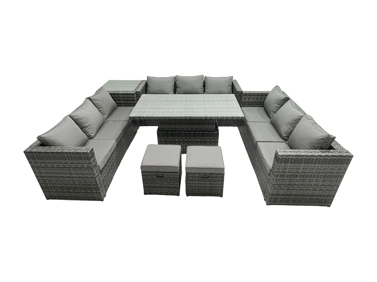 Fimous 11 Seater Outdoor Rattan Sofa Set Lounge Adjustable Rising Lifting Side Tables Chairs Footstool Dark Grey Mixed