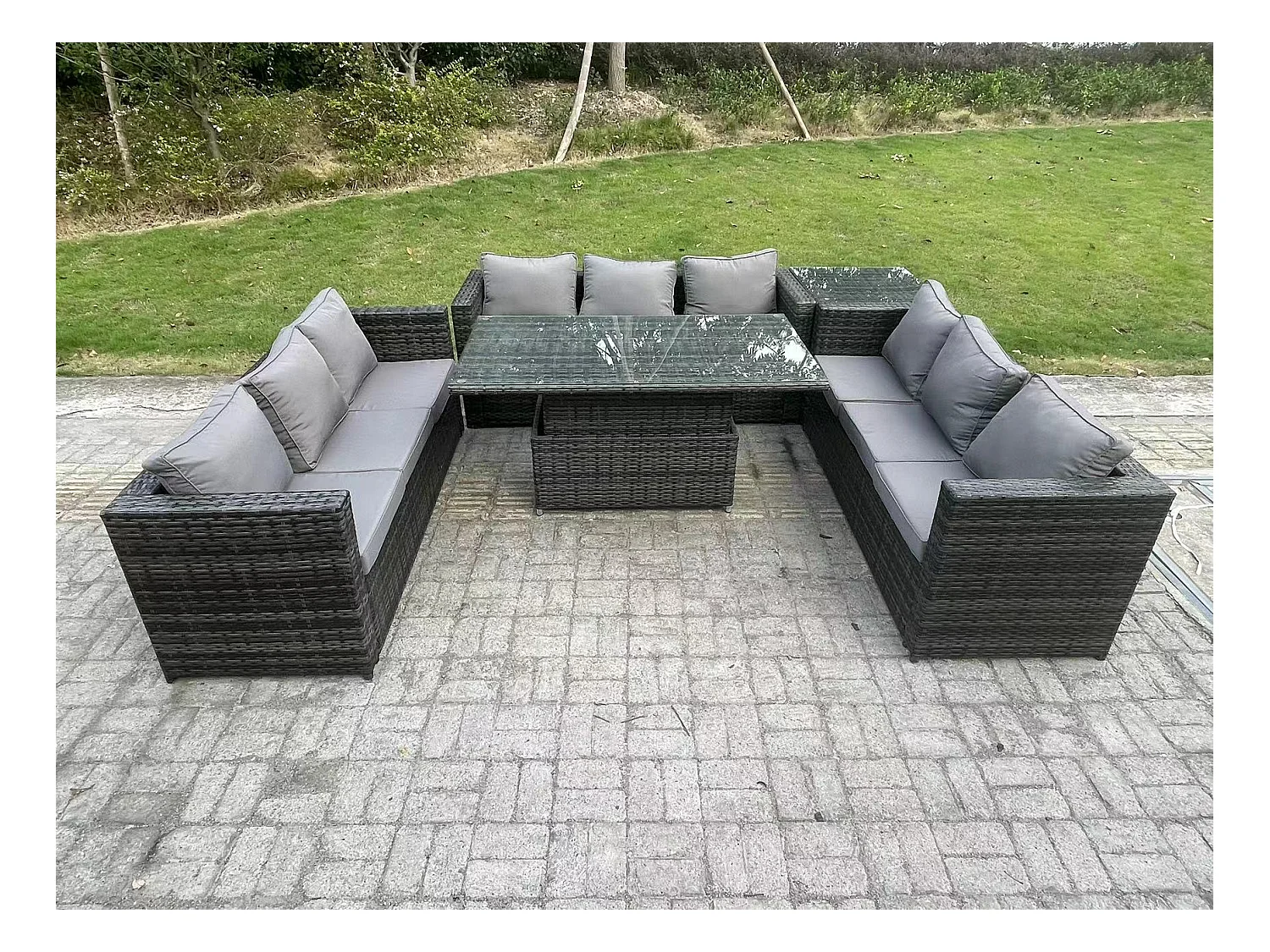 9-Sitzer Rattan Gartenmöbel Set mit Einstellbare Höhe Esstisch Sofa