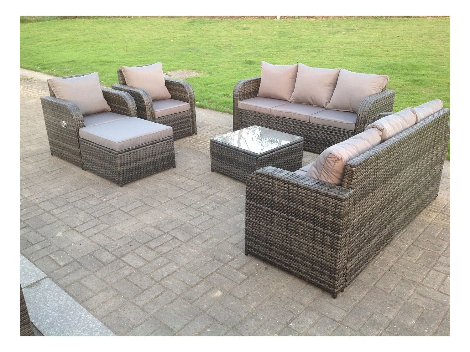 9-Sitzer Rattan Gartenmöbel Set mit Sofa Hocker Couchtisch Chaise Dunkelgrau gemischt