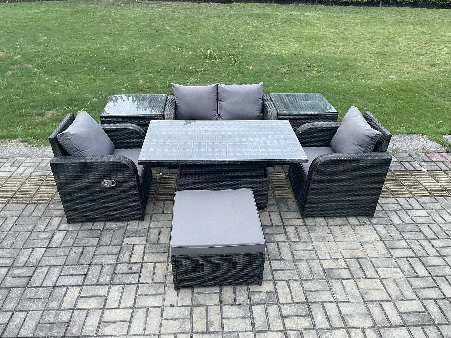 Fimous Outdoor Rattan Furniture Garden Dining Set Height Adjustable Rising lifting Table Love Sofa Chair With 2 Side Tables Big Footstool