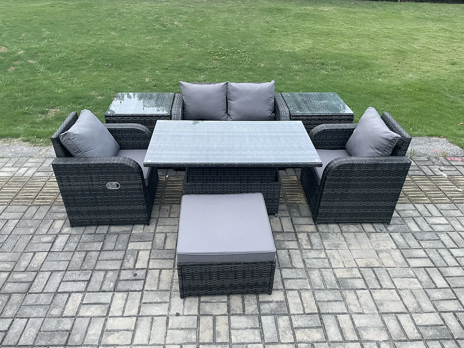 Fimous Outdoor Rattan Furniture Garden Dining Set Height Adjustable Rising lifting Table Love Sofa Chair With 2 Side Tables Big Footstool