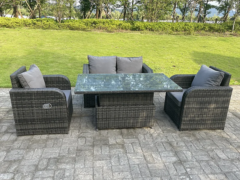 Mobilier À Dîner De Jardin en rotin ave Canapé inclinable Table à manger réglable en hauteur Mélange gris foncé