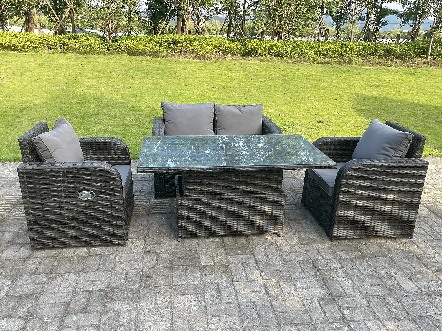 Fimous Dark Mixed Grey Rattan Outdoor Garden Furniture Lifting Adjustable Dining Or Coffee Table Sets Love Sofa Reclining Chairs 4 Seater