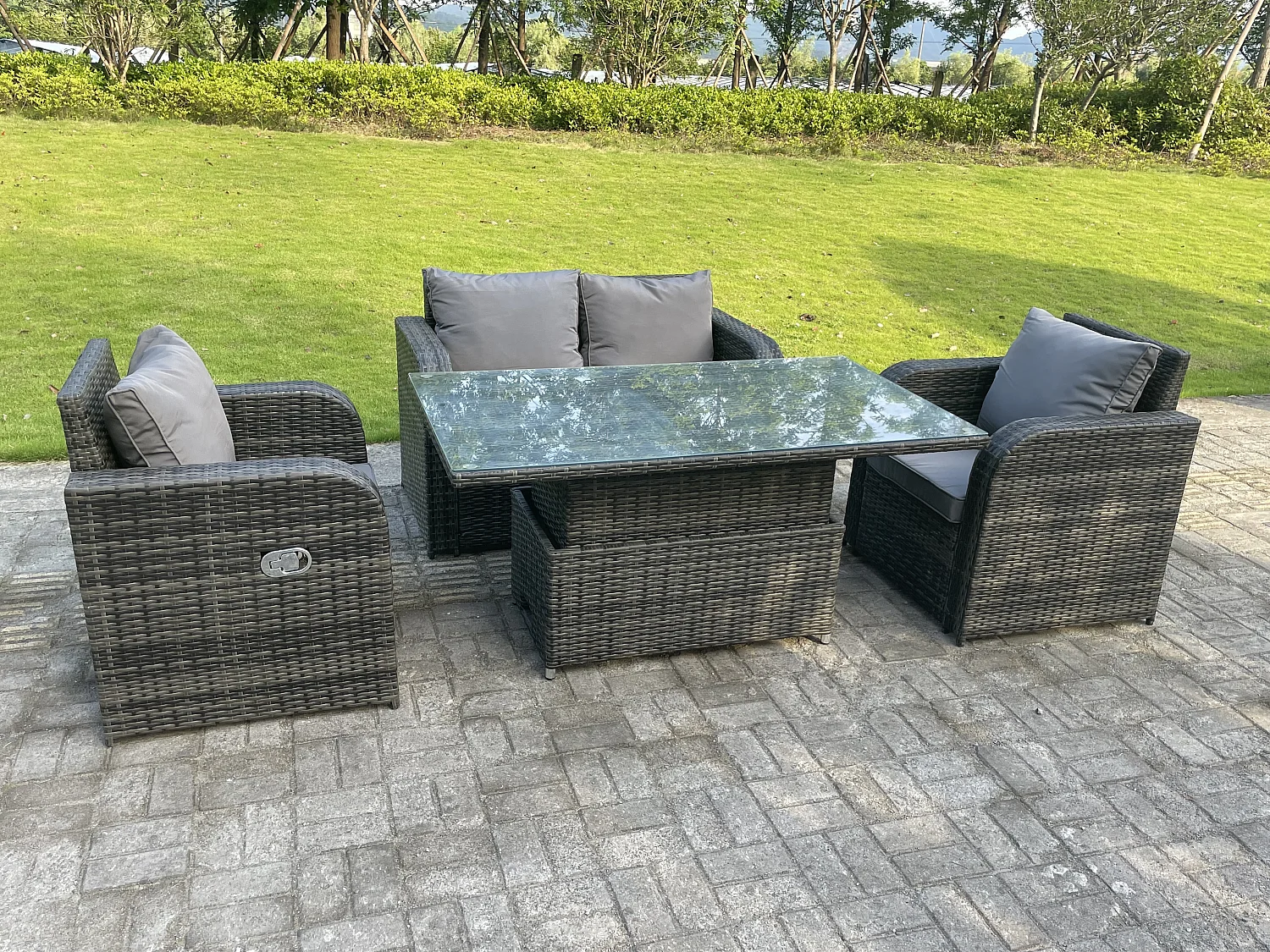 Fimous Dark Mixed Grey Rattan Outdoor Garden Furniture Lifting Adjustable Dining Or Coffee Table Sets Love Sofa Reclining Chairs 4 Seater