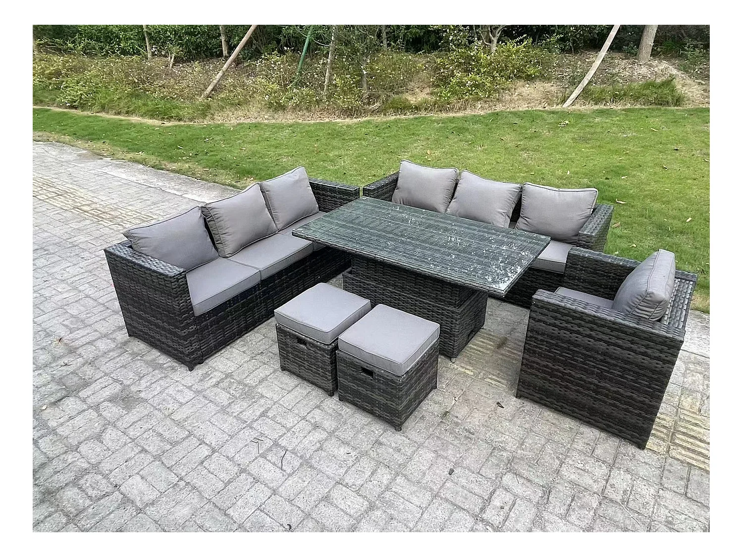 9-Sitzer Rattan Gartenmöbel Set mit Einstellbare Höhe Esstisch Sofa