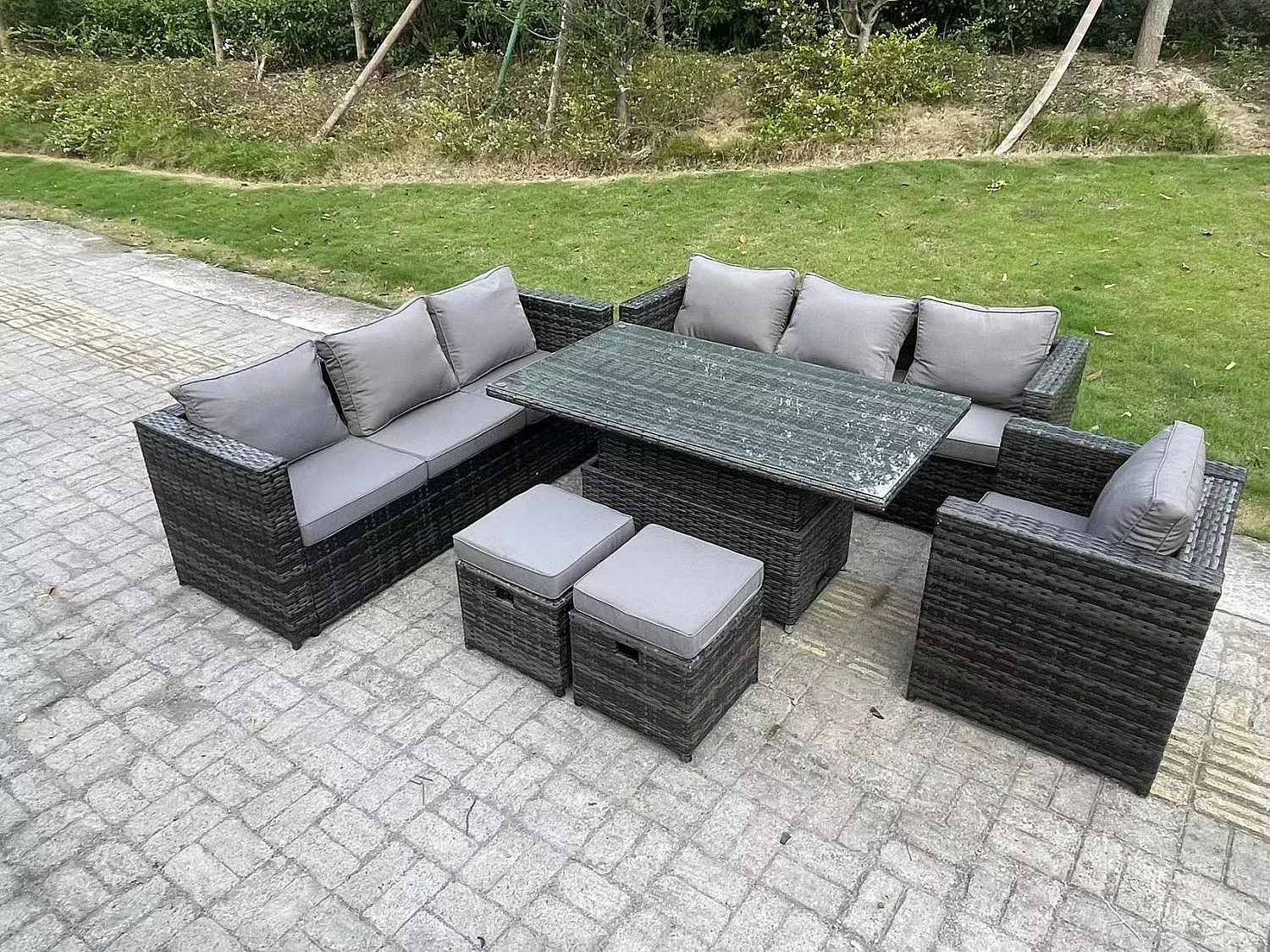 9-Sitzer Rattan Gartenmöbel Set mit Einstellbare Höhe Esstisch Sofa