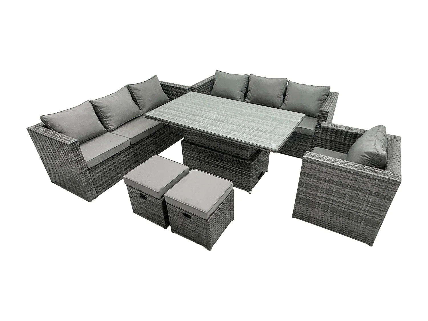 Fimous Wicker PE Garden Furniture Rattan Sofa Set Outdoor Adjustable Rising Lifting Dining Table Set with Armchair 2 Stools 9 Seater Dark Grey Mixed