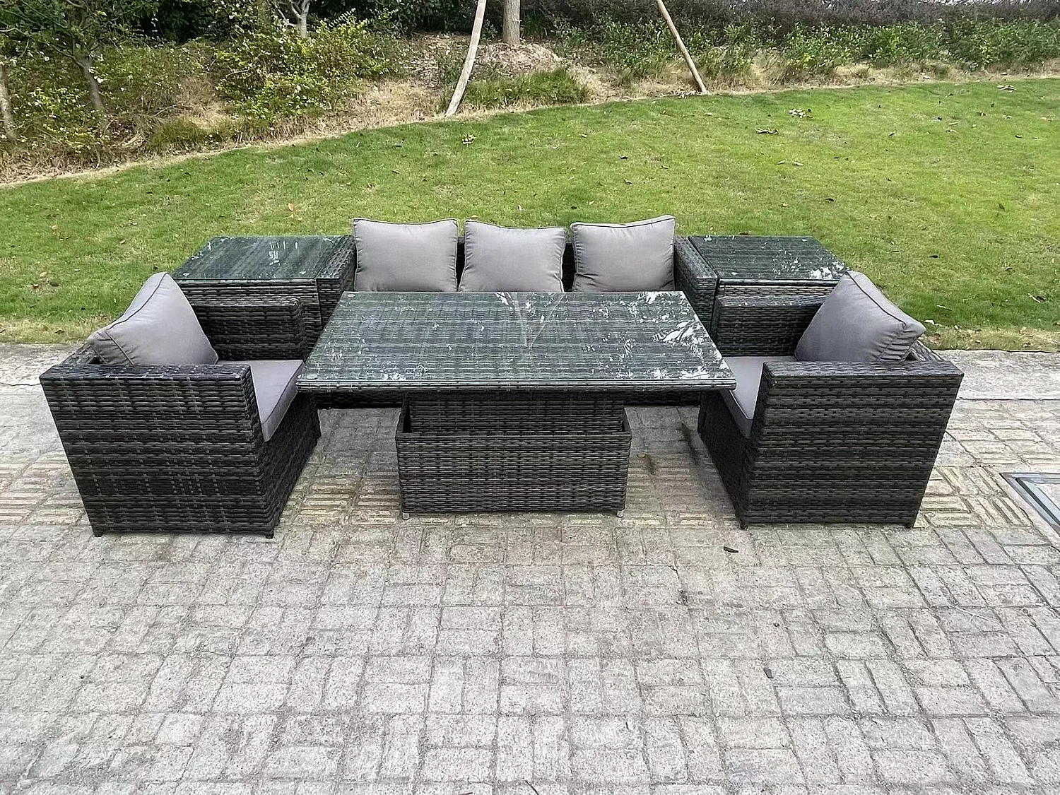 5 Places Ensemble de meubles de jardin en rotin ave Table à manger réglable en hauteur canapé 2 Table d'appoint Chaises Mélange gris foncé