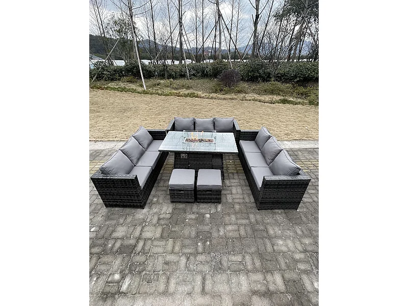 8-Sitzer Rattan Gartenmöbel Set mit Gas Feuertisch Sofa 2 Hocker