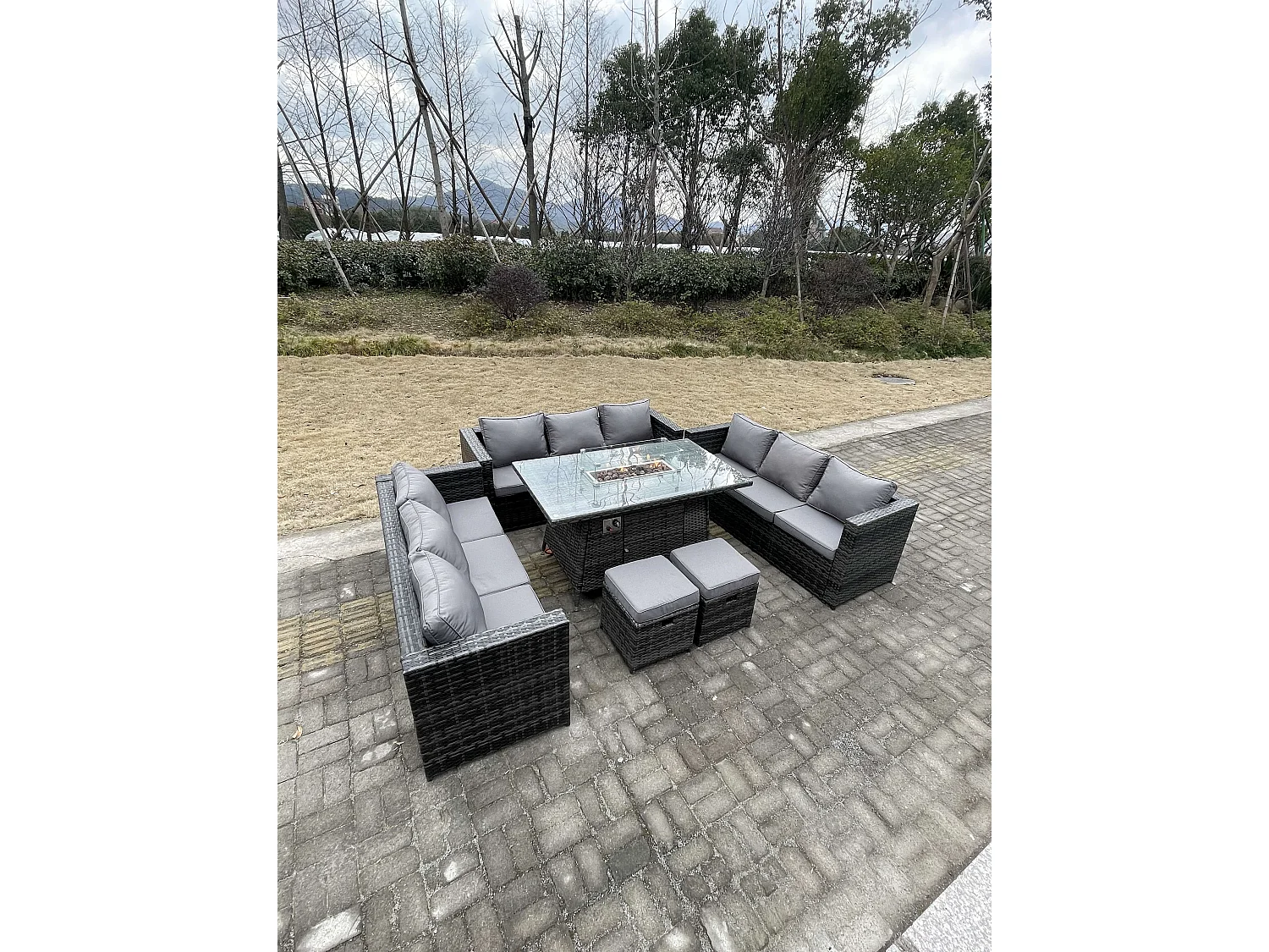 Fimous 11 Seater Outdoor Lounge Rattan Sofa Set Garden Furniture Gas Firepit Set Dining Table With Stools Dark Grey Mixed