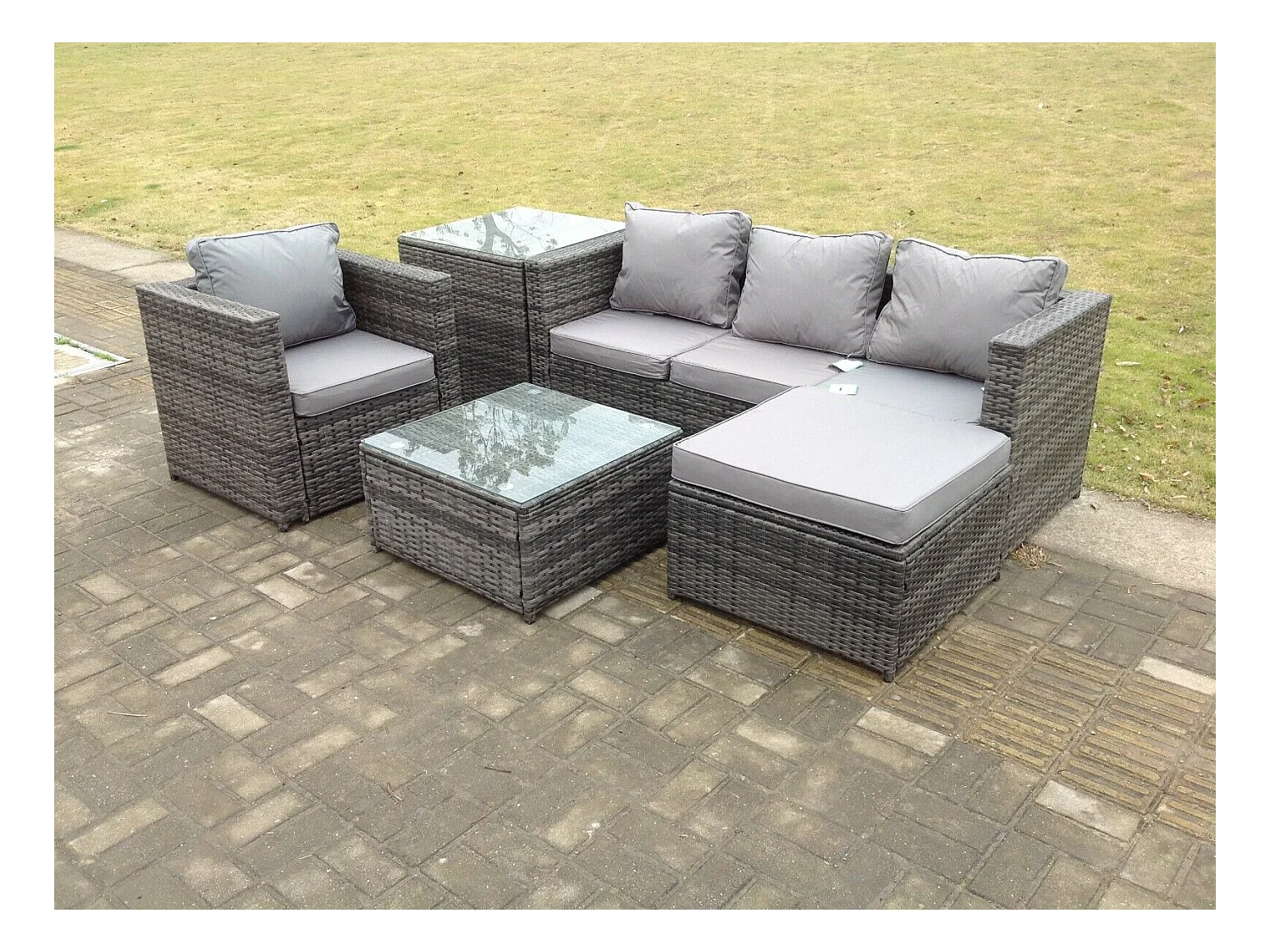 6 places Meubles de Jardin en rotin ave Canapé Table basse Table d'appoint Tabourets Mélange gris foncé