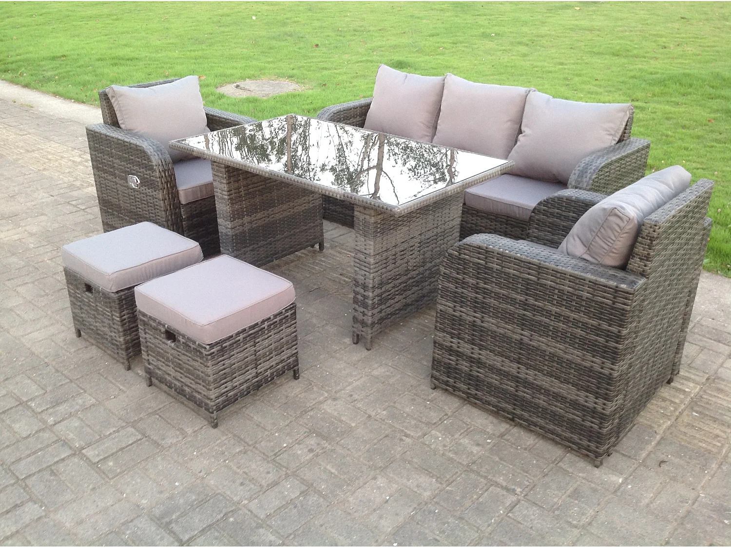 Fimous PE Rattan Garden Furniture Set Adjustable Chair Lounge 3 Seater Sofa Oblong Rectangular Dining Black Glass Table 2 Stools