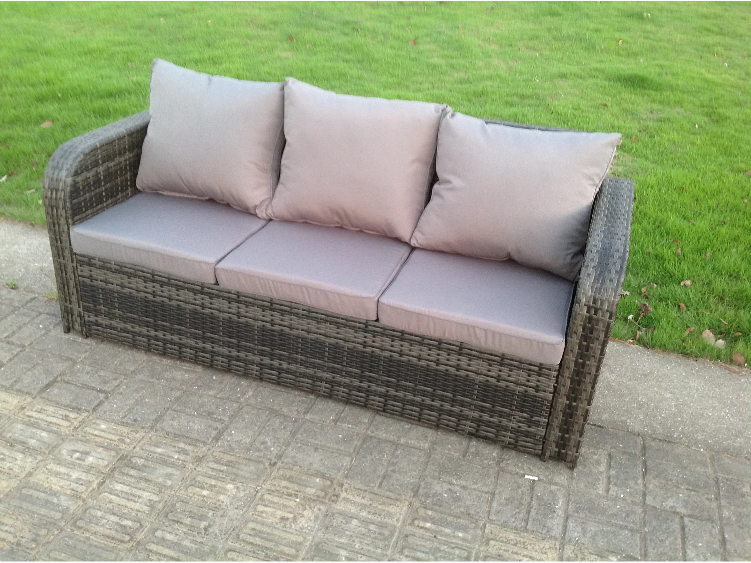 Fimous PE Rattan Garden Furniture Set Adjustable Chair Lounge 3 Seater Sofa Oblong Rectangular Dining Black Glass Table 2 Stools
