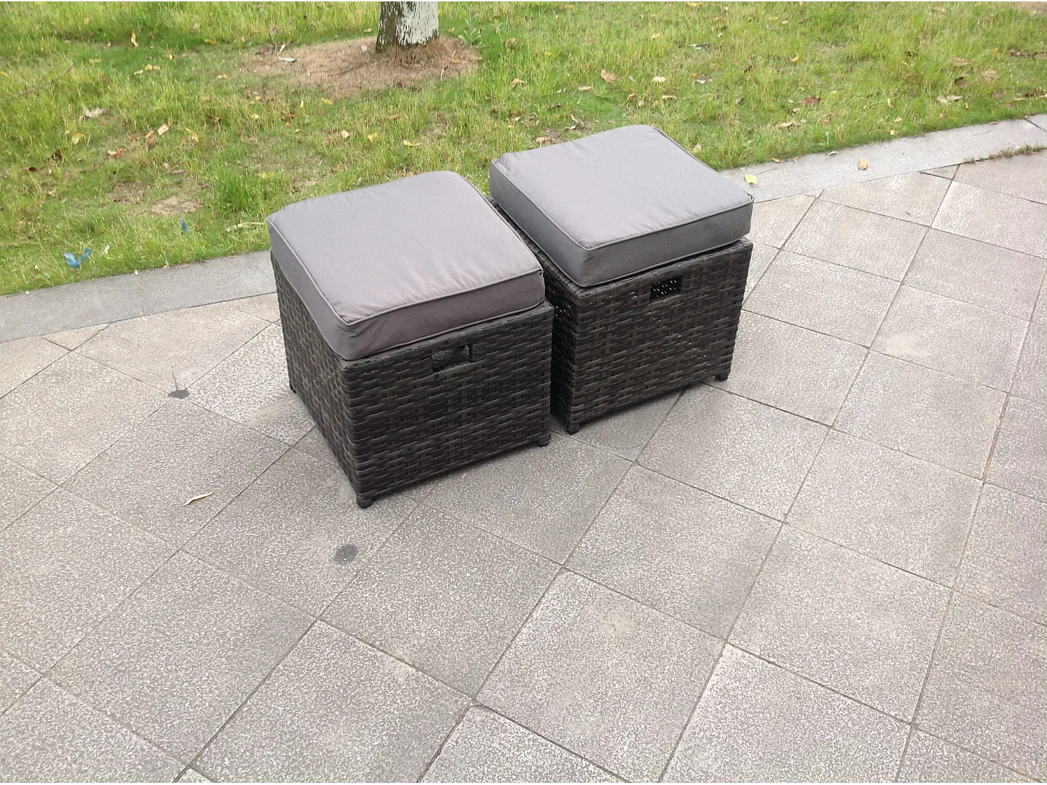 Fimous PE Rattan Garden Furniture Set Adjustable Chair Lounge 3 Seater Sofa Oblong Rectangular Dining Black Glass Table 2 Stools