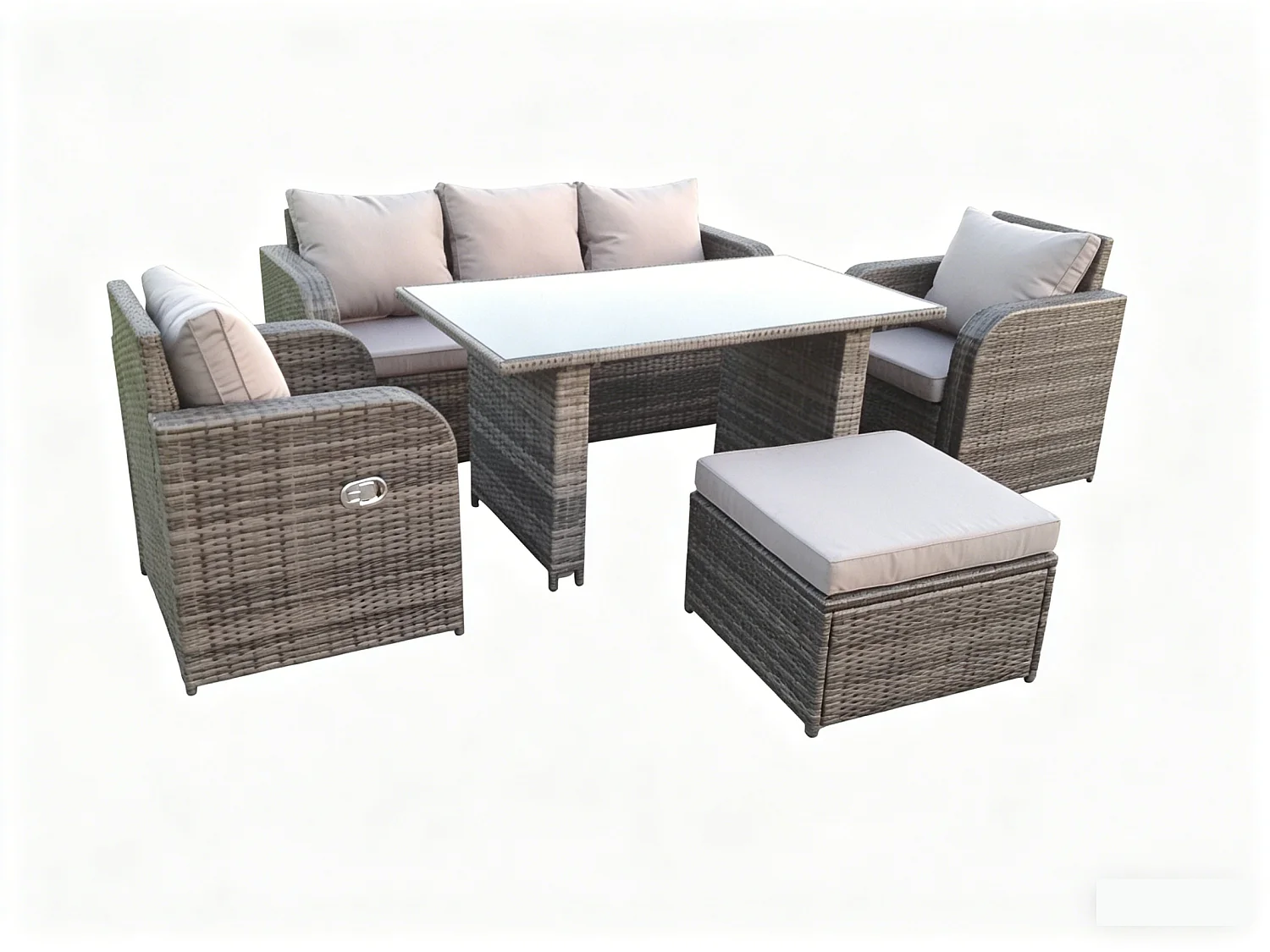 Fimous PE Rattan Garden Furniture Set Adjustable Chair Lounge 3 Seater Sofa Oblong Rectangular Dining Black Glass Table 2 Stools