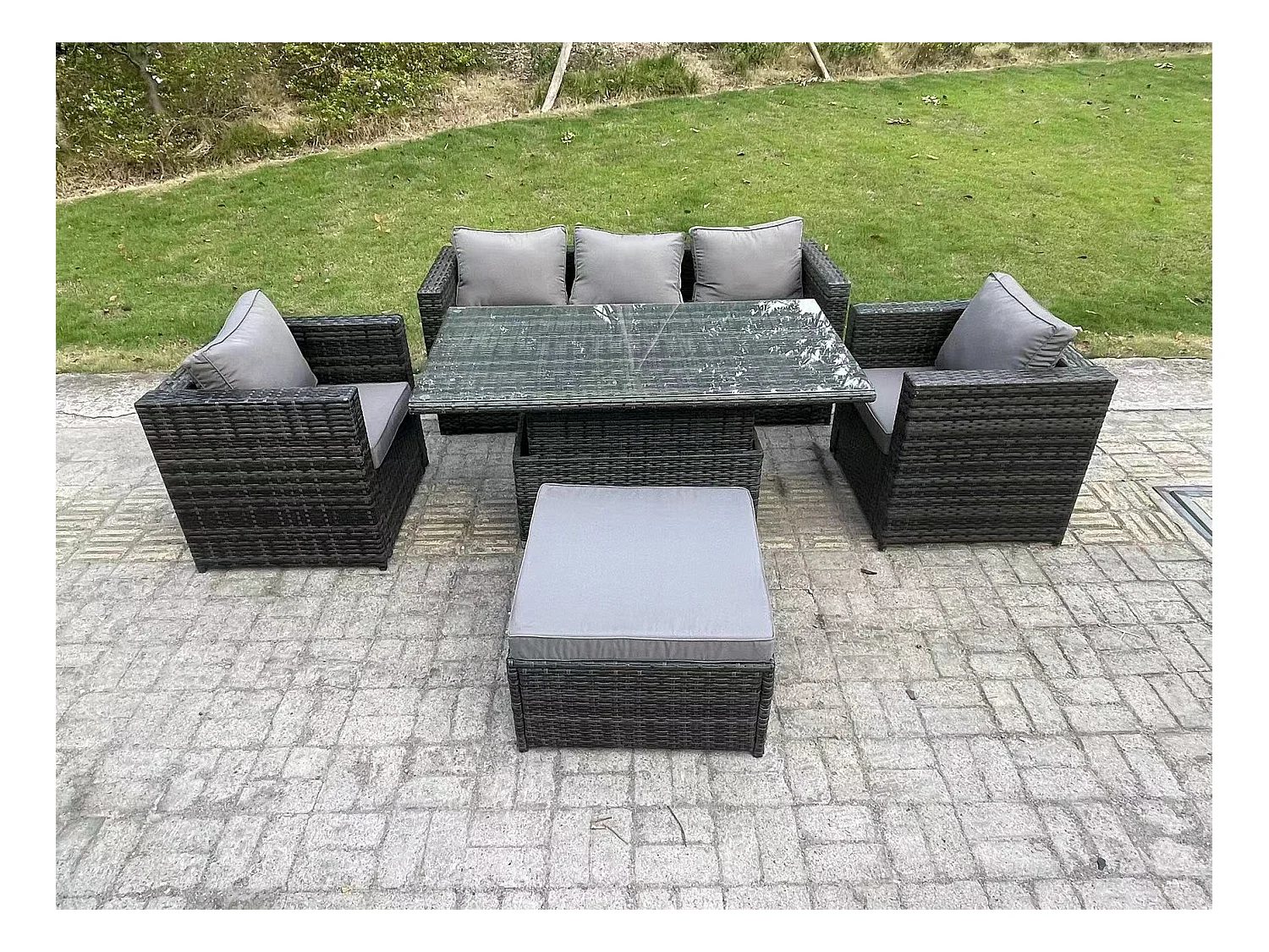 6 Places Meubles de jardin en rotin ave Table à manger réglable en hauteur canapé Tabourets Mélange gris foncé
