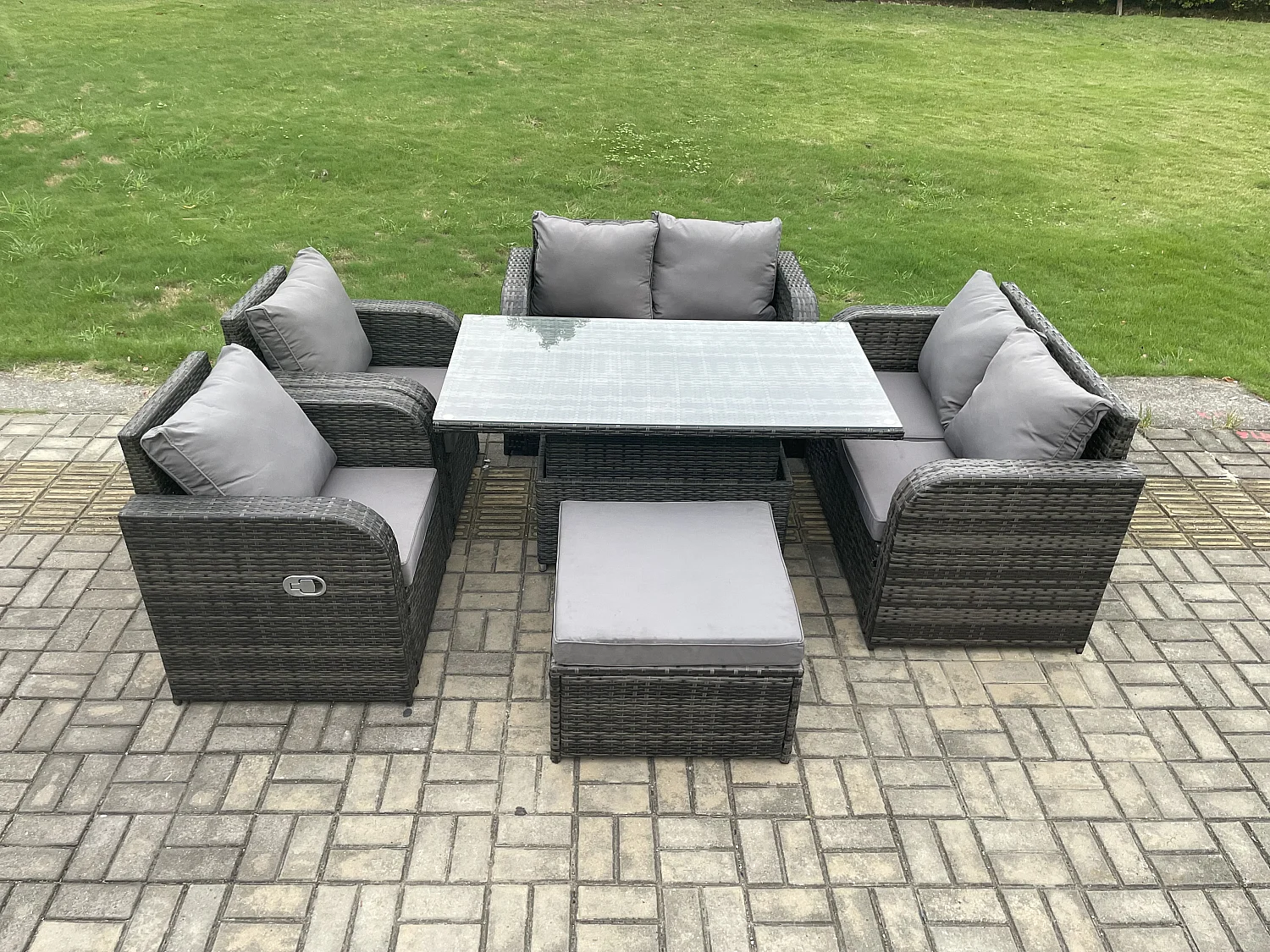 Fimous Rattan Furniture Outdoor Garden Dining Set Patio Height Adjustable Rising lifting Table Love Sofa Chair With Big Footstool