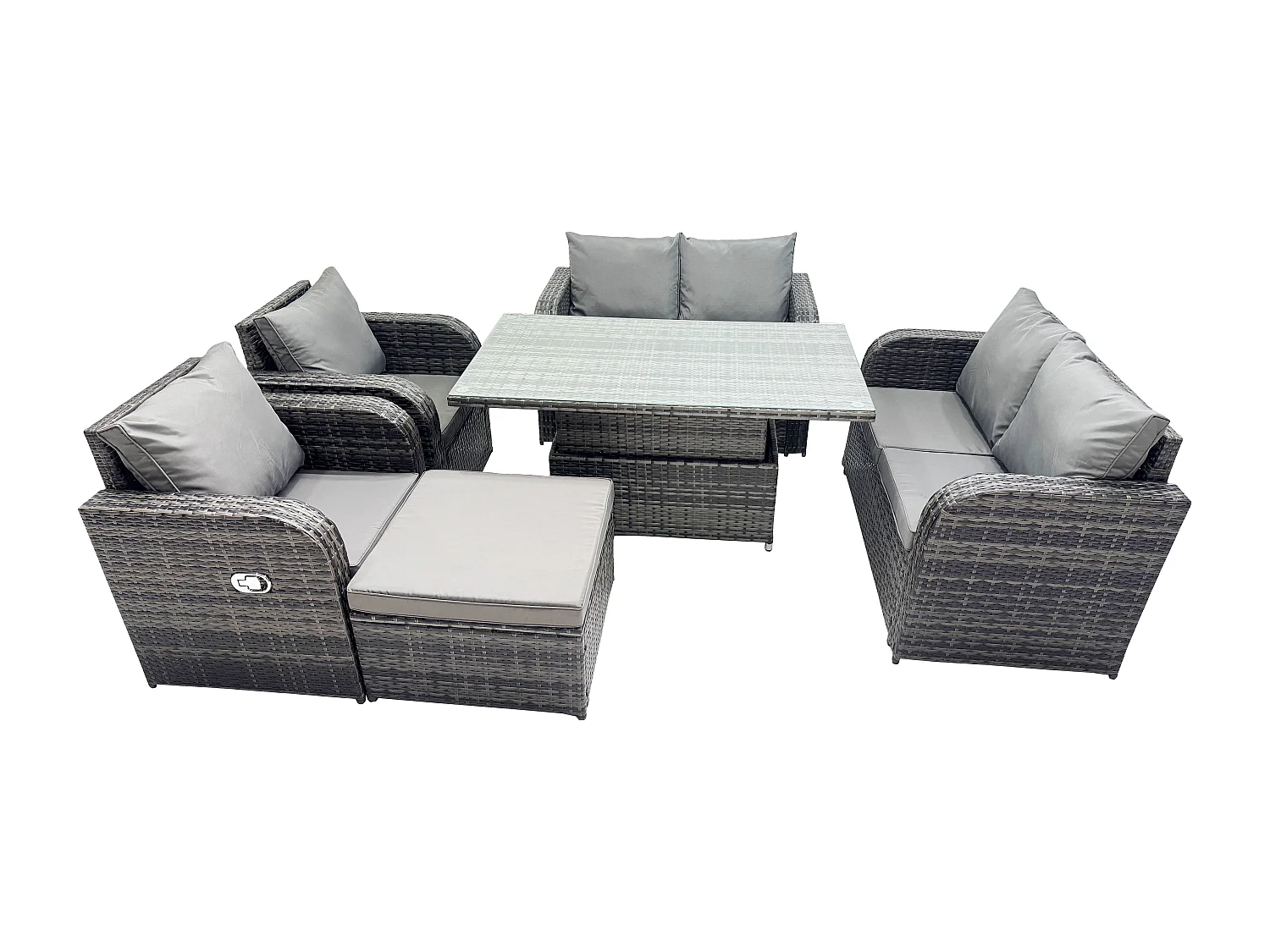 Fimous Rattan Furniture Outdoor Garden Dining Set Patio Height Adjustable Rising lifting Table Love Sofa Chair With Big Footstool