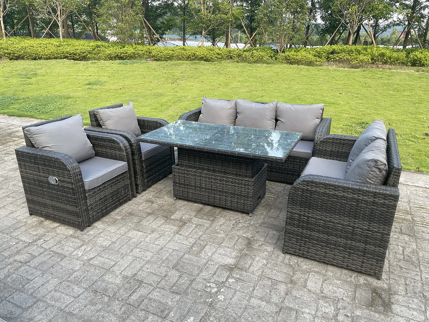 Fimous Dark Mixed Grey Rattan Outdoor Garden Furniture Lifting Adjustable Dining Or Coffee Table Sets Love Seat 2 Seater Sofa 7 Seater
