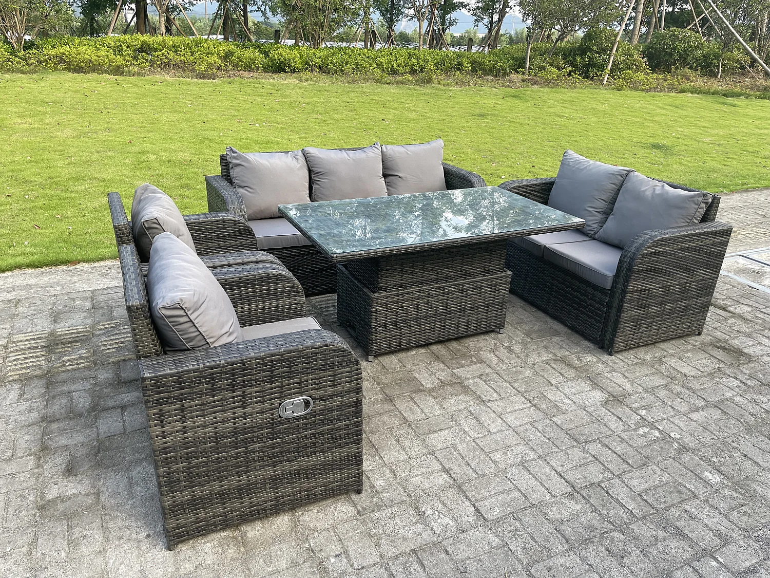 Fimous Dark Mixed Grey Rattan Outdoor Garden Furniture Lifting Adjustable Dining Or Coffee Table Sets Love Seat 2 Seater Sofa 7 Seater