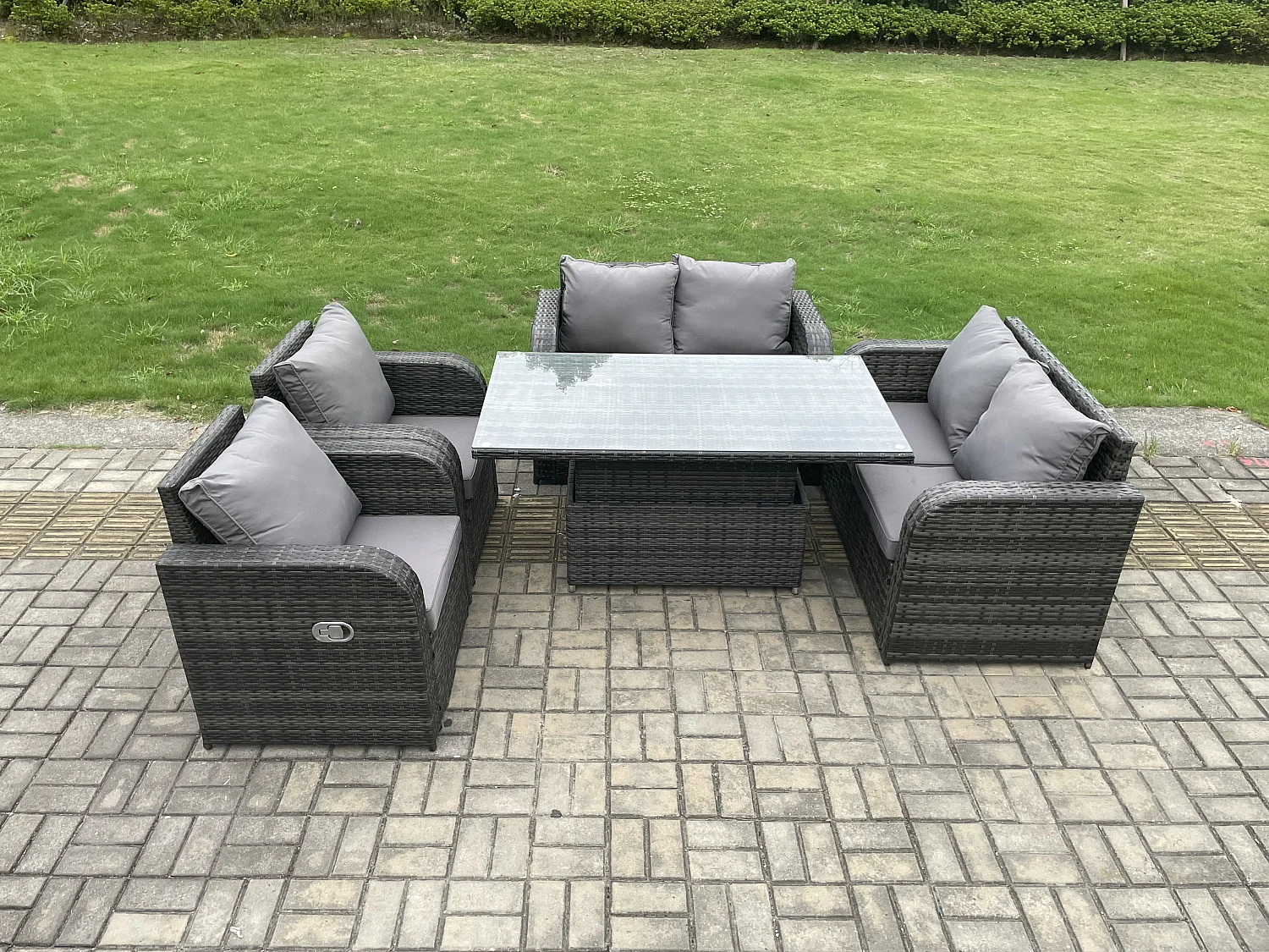 Ensemble de meubles de jardin en rotin ave Table à manger réglable en hauteur 2 Chaises inclinable 2 Canapé d'amour Mélange gris foncé