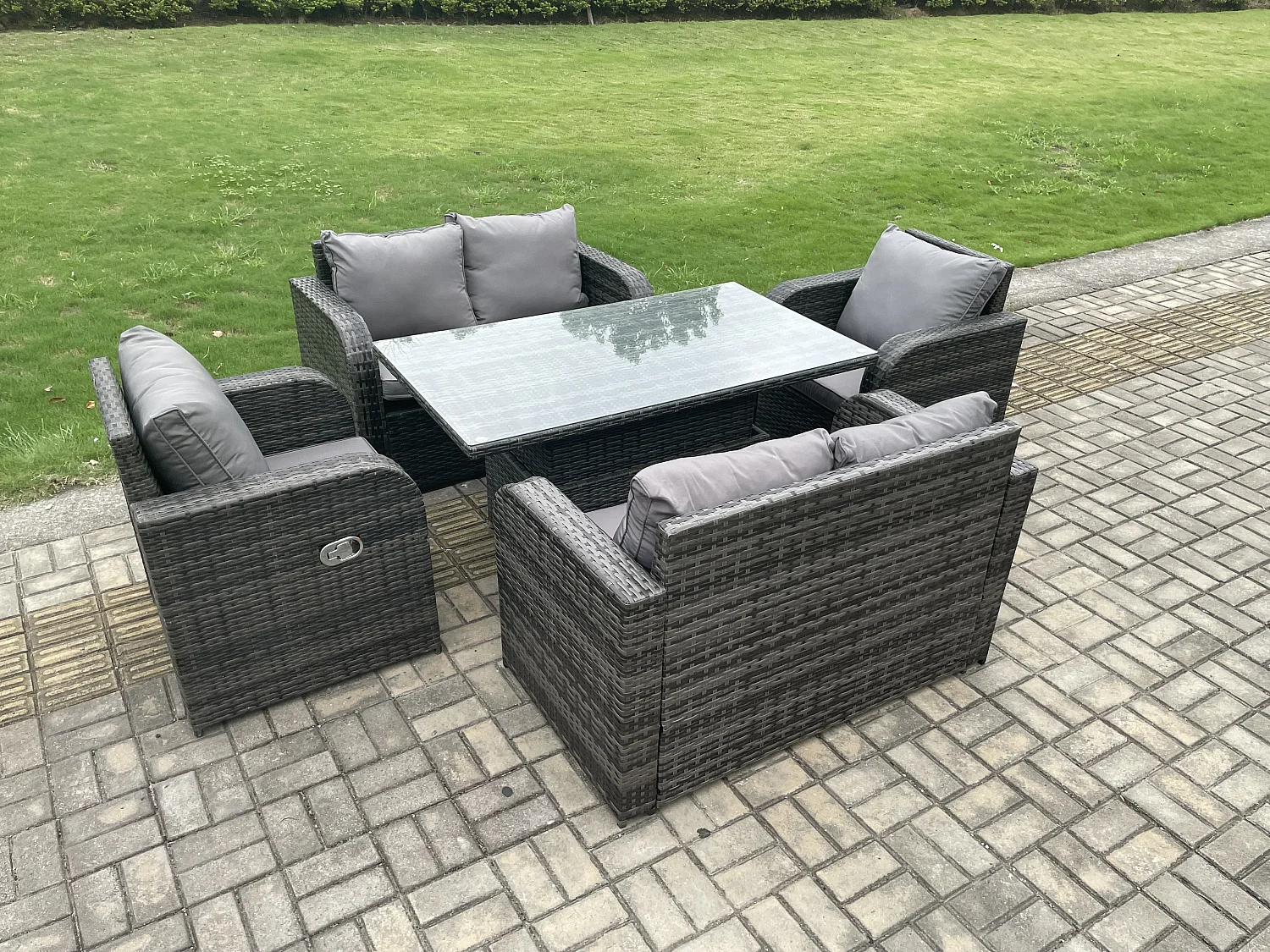 Fimous Rattan Furniture Outdoor Garden Dining Set Patio Height Adjustable Rising lifting Table Love Sofa Chair Set
