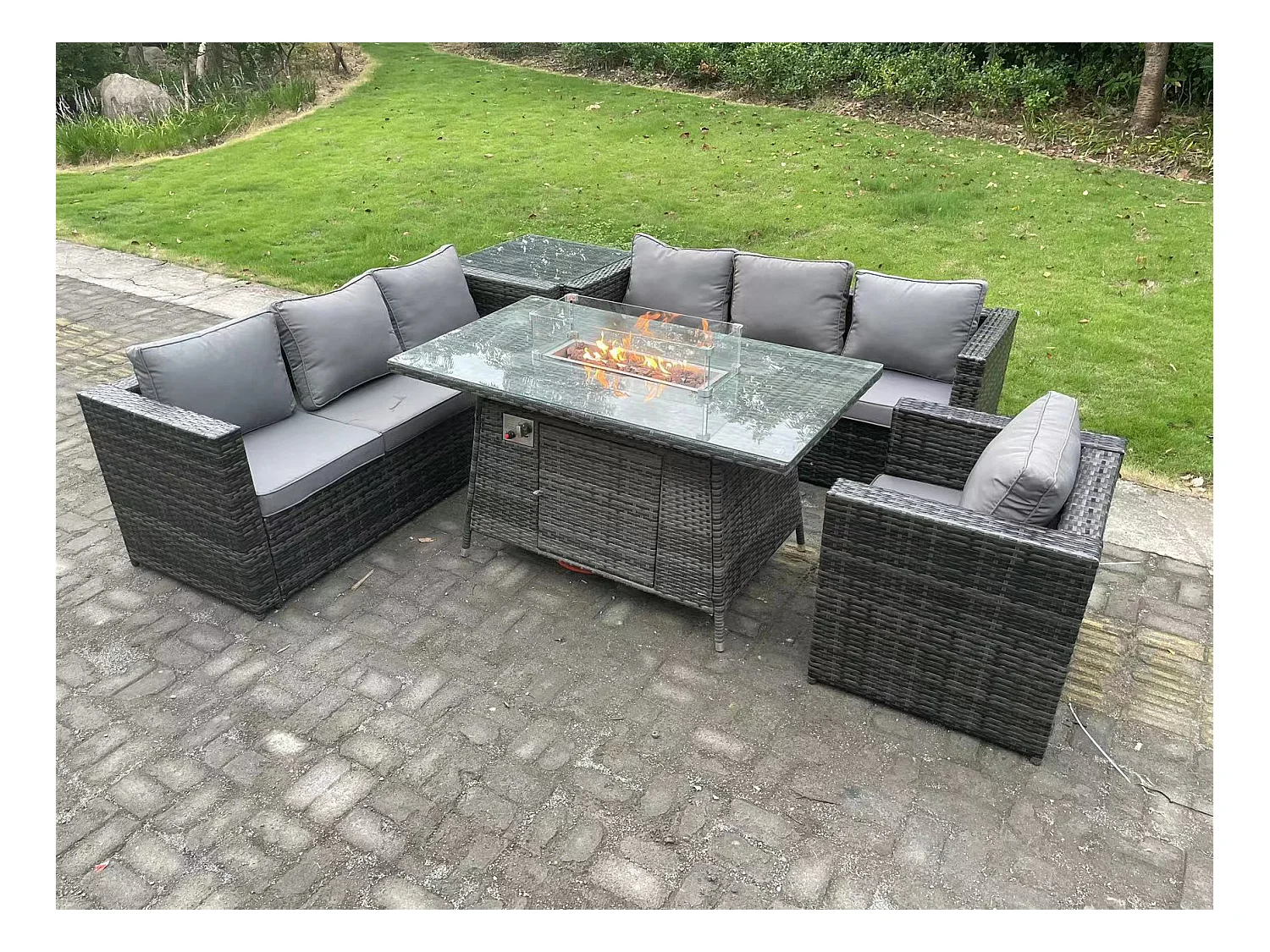 7 Places Meubles de jardin en rotin ave Table de foyer à gaz canapé Chaises Table d'appoint Mélange gris foncé