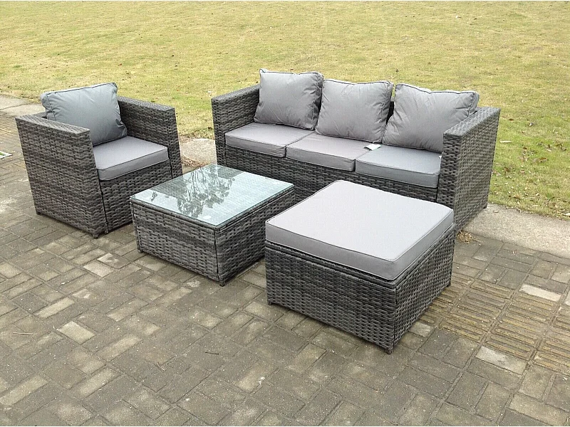 5 places Meubles de Jardin en rotin ave Canapé Table basse Tabourets Chaise Mélange gris foncé