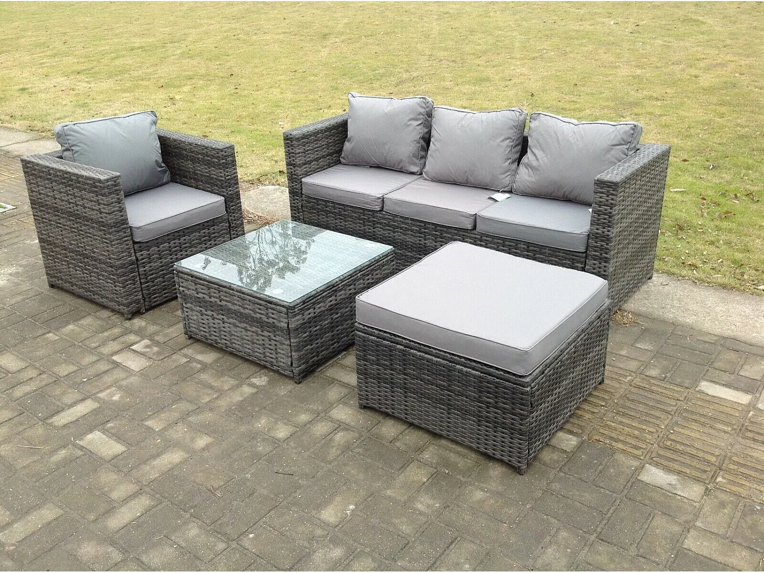Fimous Lounge Dark Mixed Grey Rattan Sofa Set With Tables Stool Outdoor Garden Furniture Patio 5 Seater