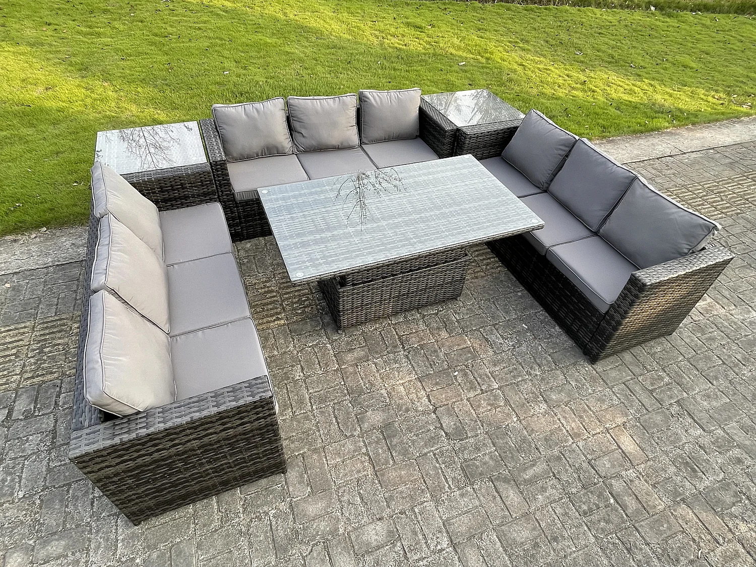 Fimous U Shape Rattan Gardern Furniture Dining Sofa Set Adjustable Rising Dining Table With 2 Side Coffee Table