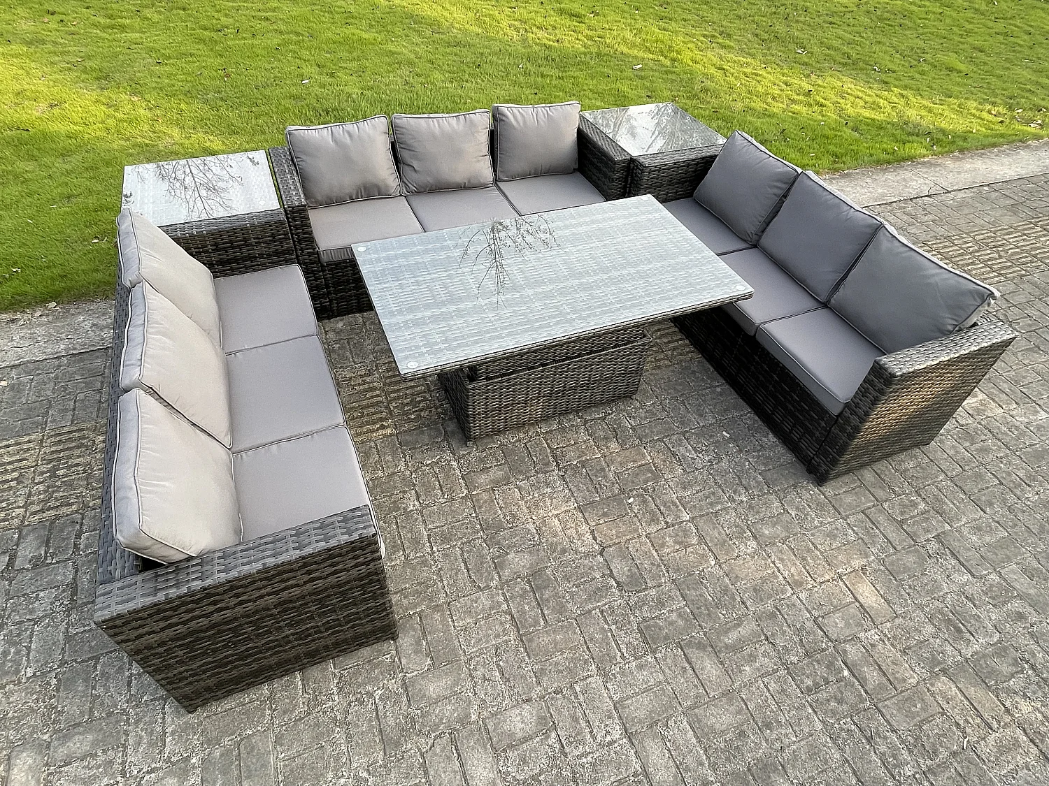 Fimous U Shape Rattan Gardern Furniture Dining Sofa Set Adjustable Rising Dining Table With 2 Side Coffee Table