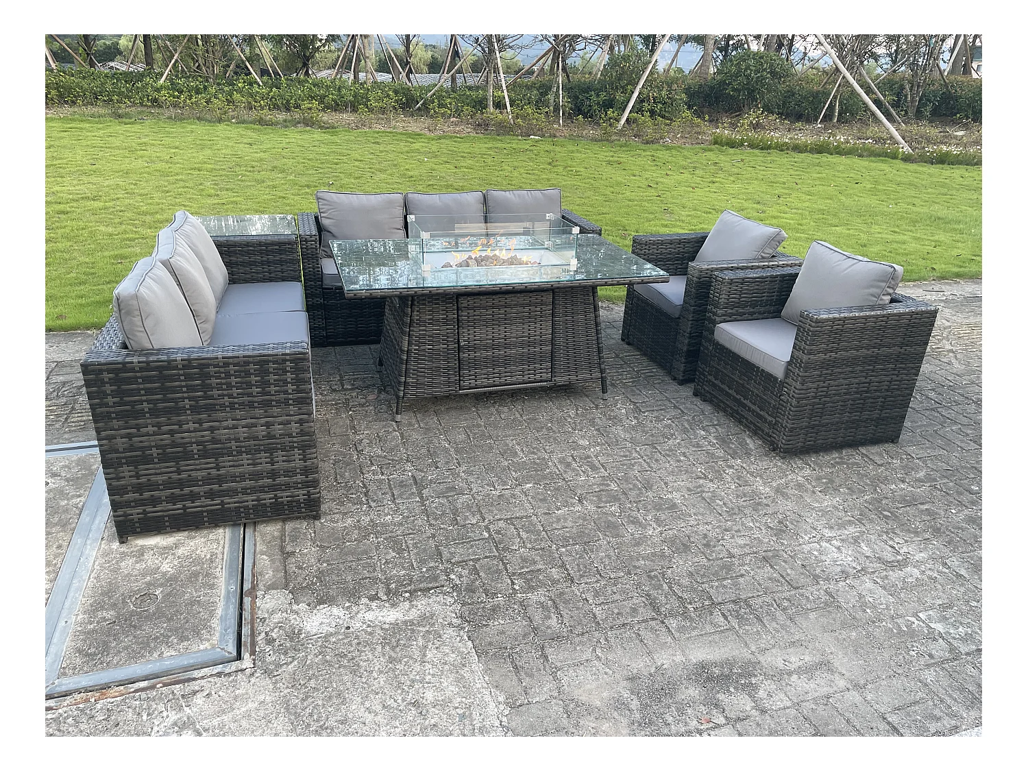 Meubles de Jardin en rotin ave Canapé 2 Chaises Table de foyer à gaz d'appoint Table Mélange gris foncé