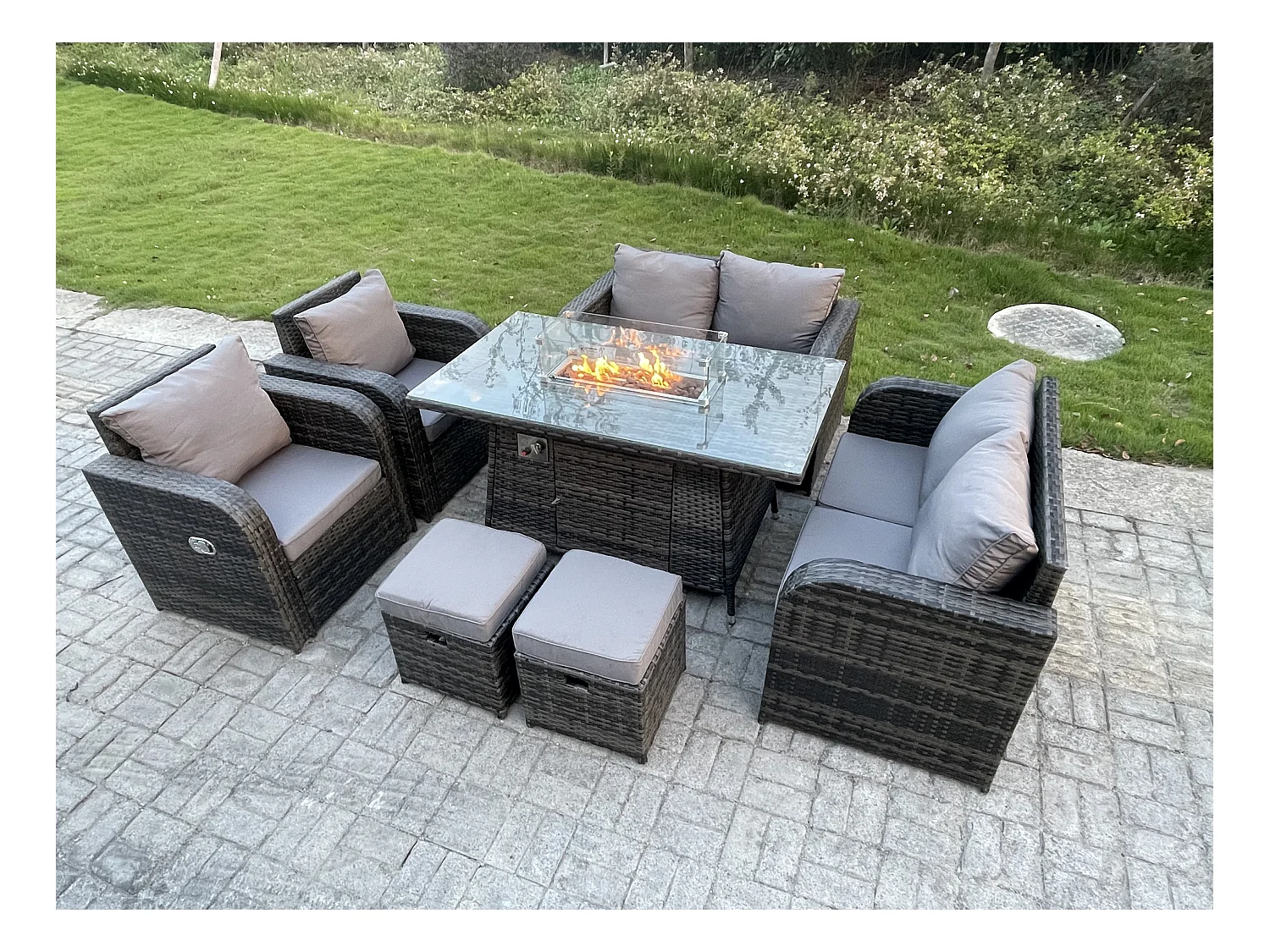 Mobilier À Dîner De Jardin en rotin ave 2 Canapé d'amour 2 Chaises inclinable Table de foyer à gaz 2 Tabourets Mélange gris foncé