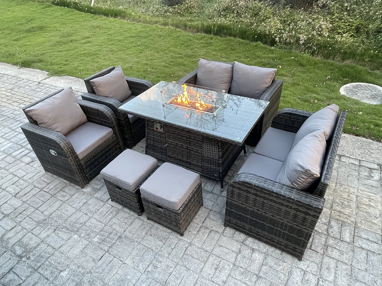 Fimous Outdoor Rattan Garden Furniture High Back Sofa Set Fire Pit Dining Table Gas Heater 2 Recling Chairs 2 Seater Love Sofa Footstools 8 Seater