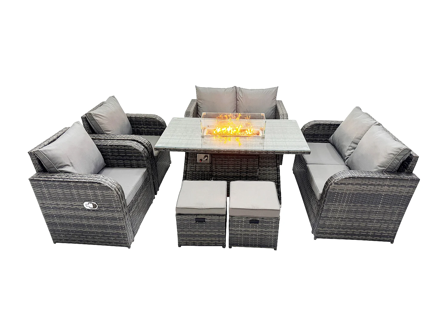 Fimous Outdoor Rattan Garden Furniture High Back Sofa Set Fire Pit Dining Table Gas Heater 2 Recling Chairs 2 Seater Love Sofa Footstools 8 Seater