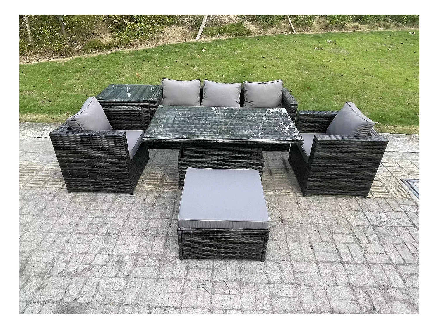6 Places Meubles de jardin en rotin ave Table à manger réglable en hauteur canapé Tabourets Table d'appoint Mélange gris foncé