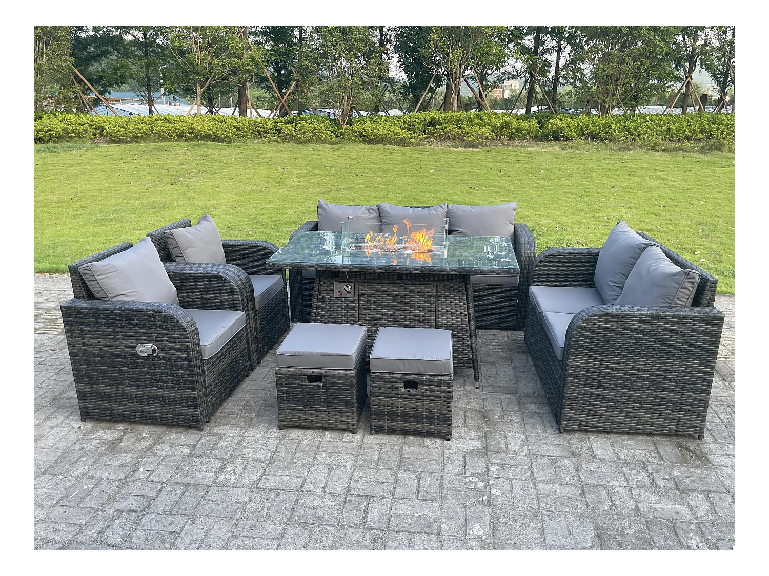 9-Sitzer Rattan Gartenmöbel Set mit Sofa Hocker Gas Feuertisch Hocker