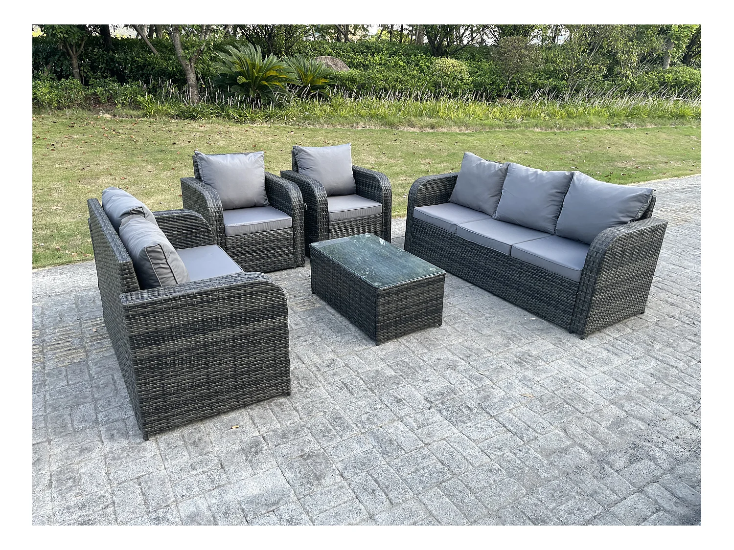 7 Places Meubles de jardin en rotin ave Rectangulaire Table basse Canapé d'amour 2 Chaises inclinable Mélange gris foncé