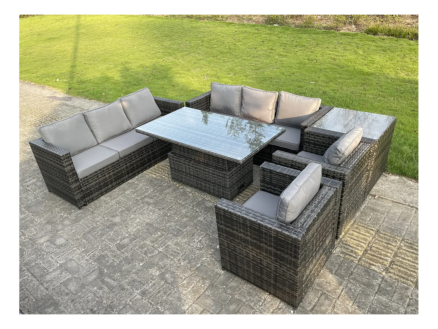 Meubles de Jardin en rotin ave Table élévatrice 2 Canapé 2 Fauteuil Table d'appoint Mélange gris foncé