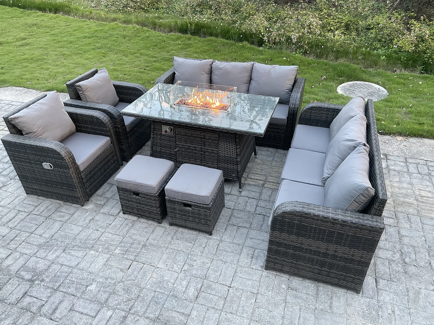 Fimous Outdoor Rattan Garden Furniture High Back Sofa Set Fire Pit Dining Table Gas Heater 2 Recling Chairs 3 Seater Lounge Sofa Footstools 10 Seater