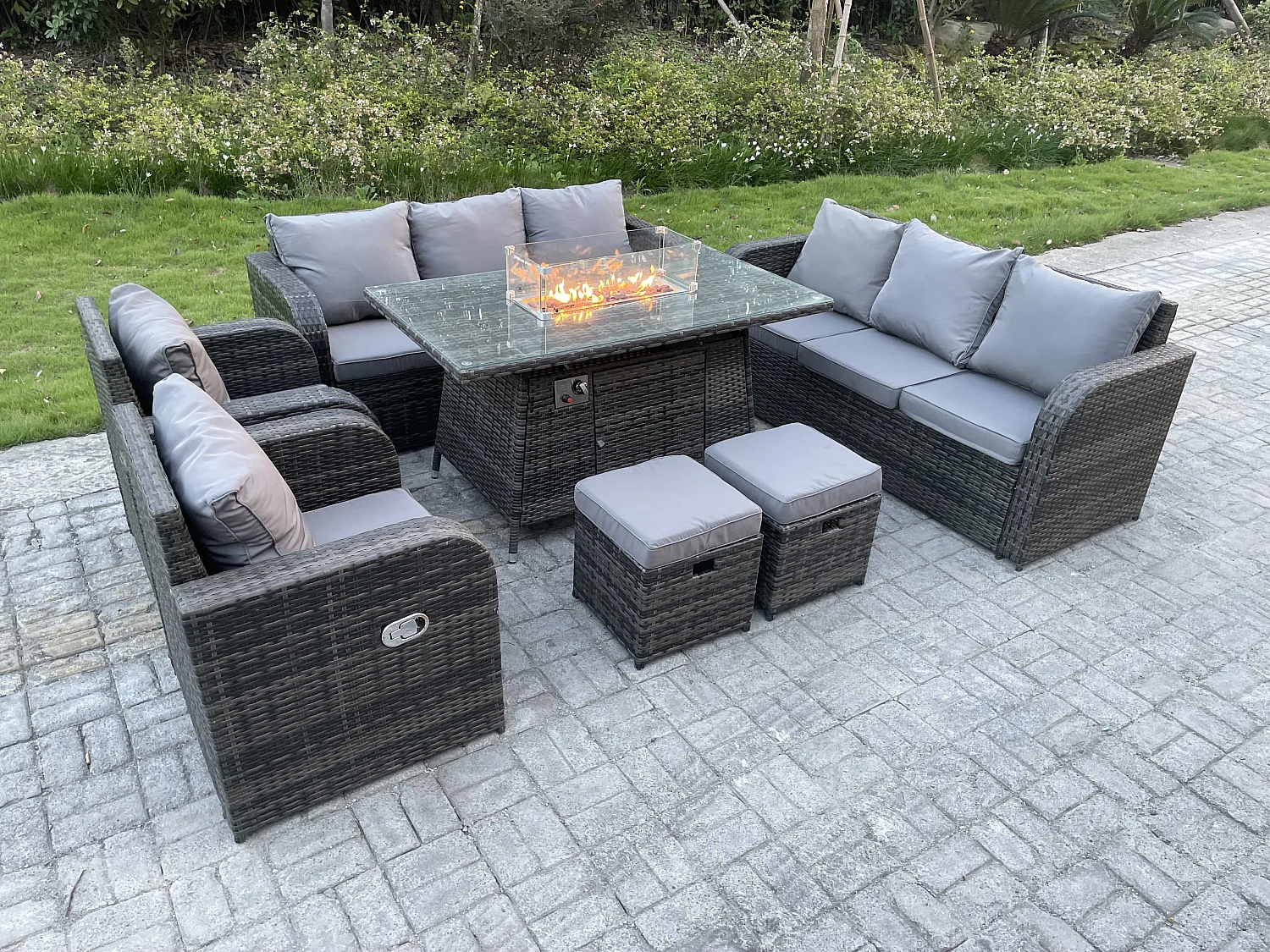 Fimous Outdoor Rattan Garden Furniture High Back Sofa Set Fire Pit Dining Table Gas Heater 2 Recling Chairs 3 Seater Lounge Sofa Footstools 10 Seater